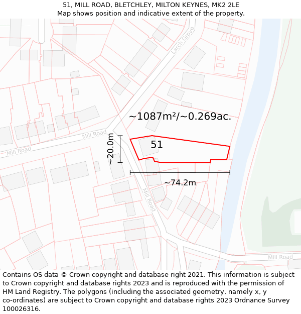 51, MILL ROAD, BLETCHLEY, MILTON KEYNES, MK2 2LE: Plot and title map