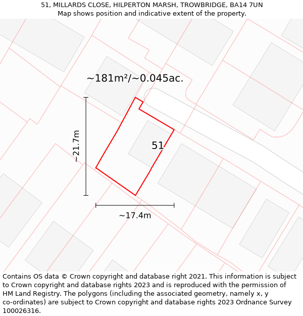 51, MILLARDS CLOSE, HILPERTON MARSH, TROWBRIDGE, BA14 7UN: Plot and title map