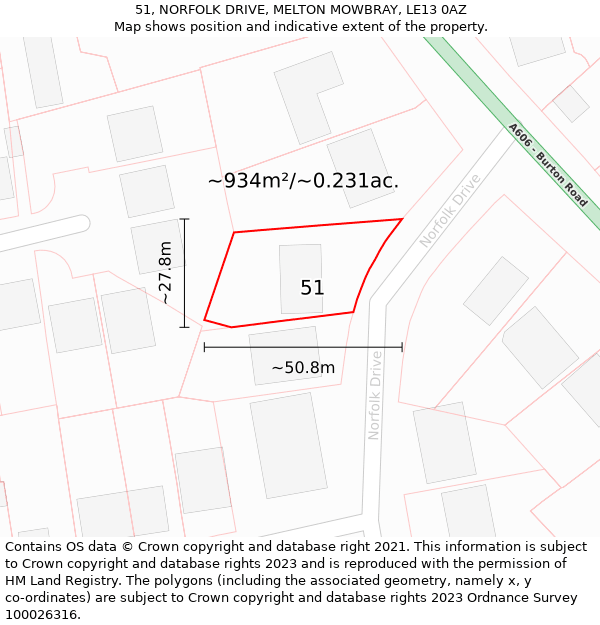 51, NORFOLK DRIVE, MELTON MOWBRAY, LE13 0AZ: Plot and title map