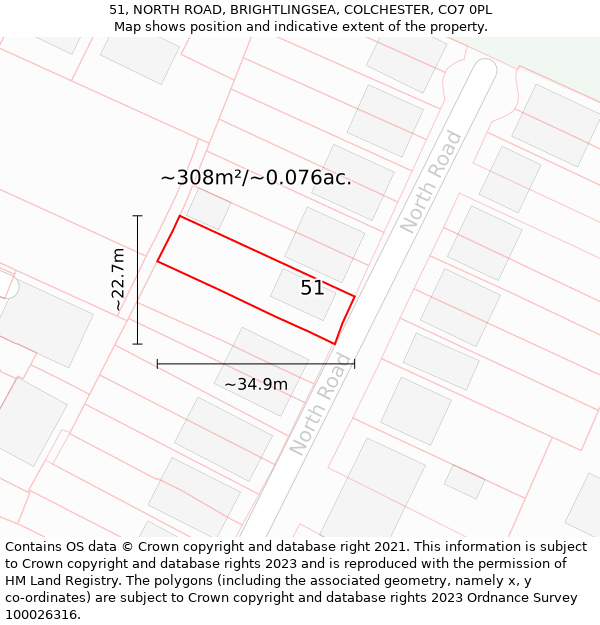 51, NORTH ROAD, BRIGHTLINGSEA, COLCHESTER, CO7 0PL: Plot and title map