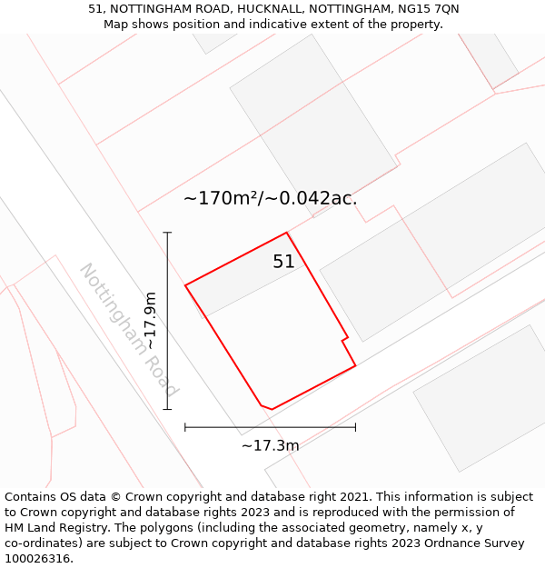 51, NOTTINGHAM ROAD, HUCKNALL, NOTTINGHAM, NG15 7QN: Plot and title map