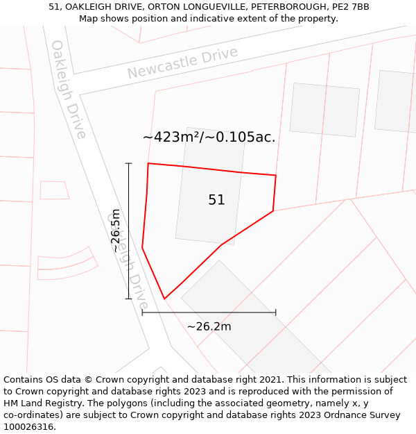 51, OAKLEIGH DRIVE, ORTON LONGUEVILLE, PETERBOROUGH, PE2 7BB: Plot and title map