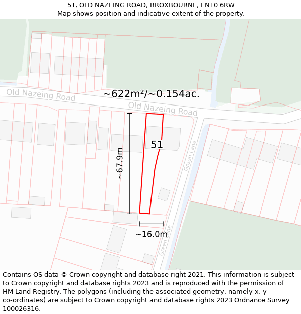 51, OLD NAZEING ROAD, BROXBOURNE, EN10 6RW: Plot and title map