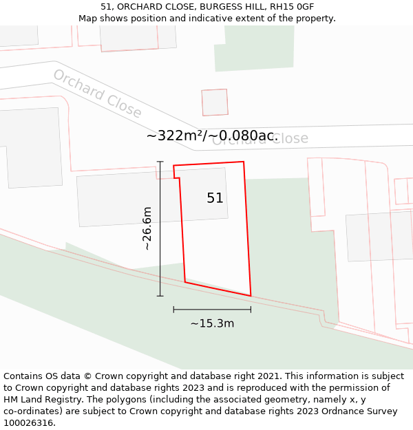 51, ORCHARD CLOSE, BURGESS HILL, RH15 0GF: Plot and title map