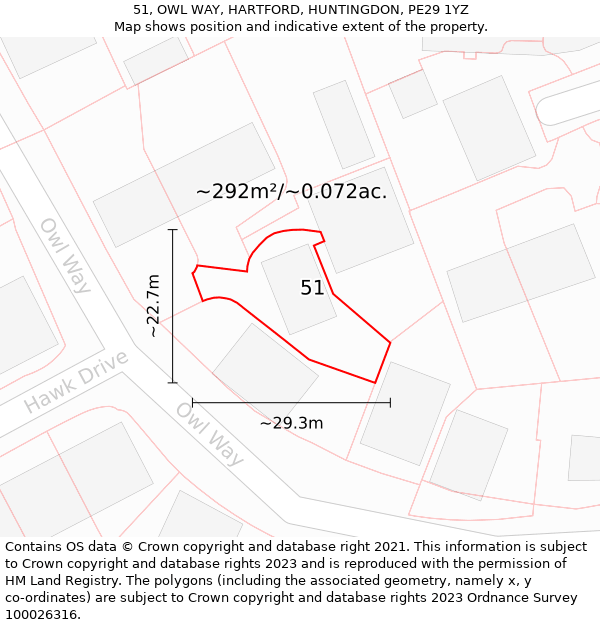 51, OWL WAY, HARTFORD, HUNTINGDON, PE29 1YZ: Plot and title map