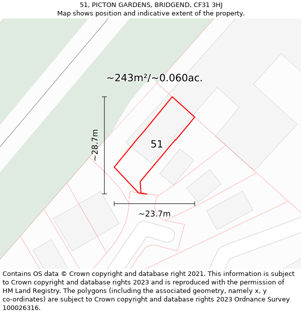 51, PICTON GARDENS, BRIDGEND, CF31 3HJ: Plot and title map