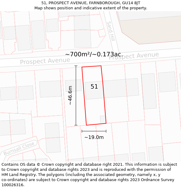 51, PROSPECT AVENUE, FARNBOROUGH, GU14 8JT: Plot and title map