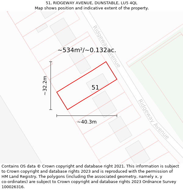 51, RIDGEWAY AVENUE, DUNSTABLE, LU5 4QL: Plot and title map