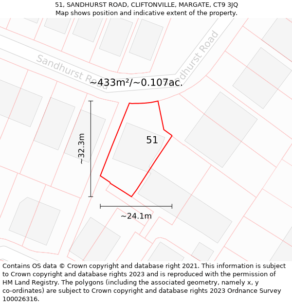 51, SANDHURST ROAD, CLIFTONVILLE, MARGATE, CT9 3JQ: Plot and title map