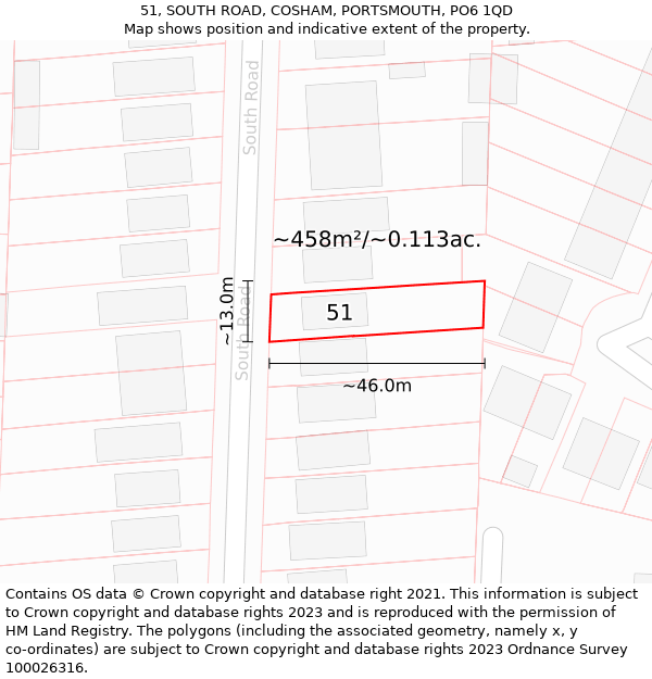 51, SOUTH ROAD, COSHAM, PORTSMOUTH, PO6 1QD: Plot and title map