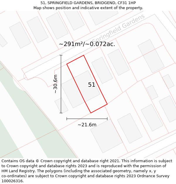 51, SPRINGFIELD GARDENS, BRIDGEND, CF31 1HP: Plot and title map