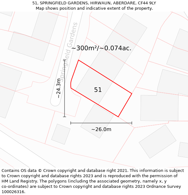 51, SPRINGFIELD GARDENS, HIRWAUN, ABERDARE, CF44 9LY: Plot and title map