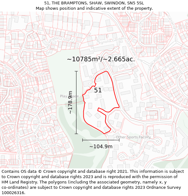 51, THE BRAMPTONS, SHAW, SWINDON, SN5 5SL: Plot and title map