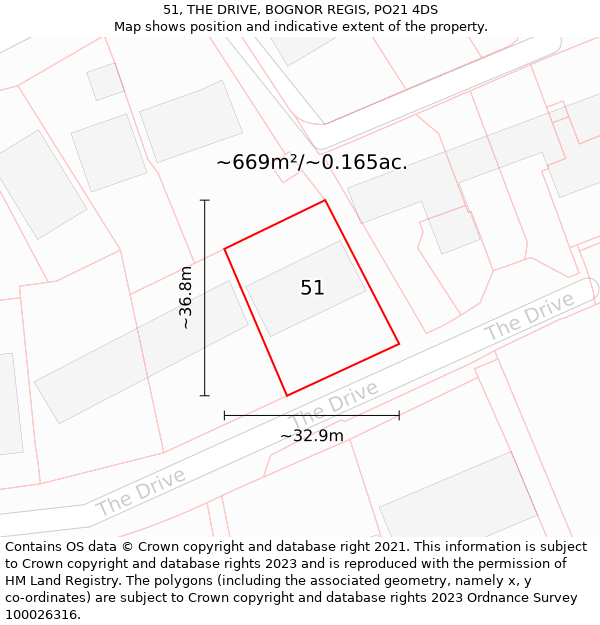 51, THE DRIVE, BOGNOR REGIS, PO21 4DS: Plot and title map