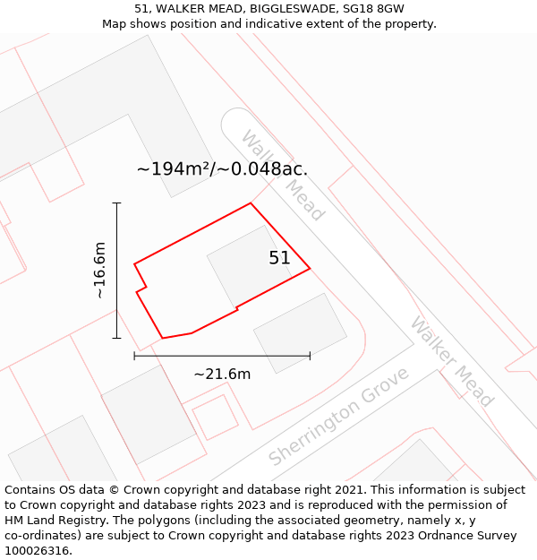 51, WALKER MEAD, BIGGLESWADE, SG18 8GW: Plot and title map