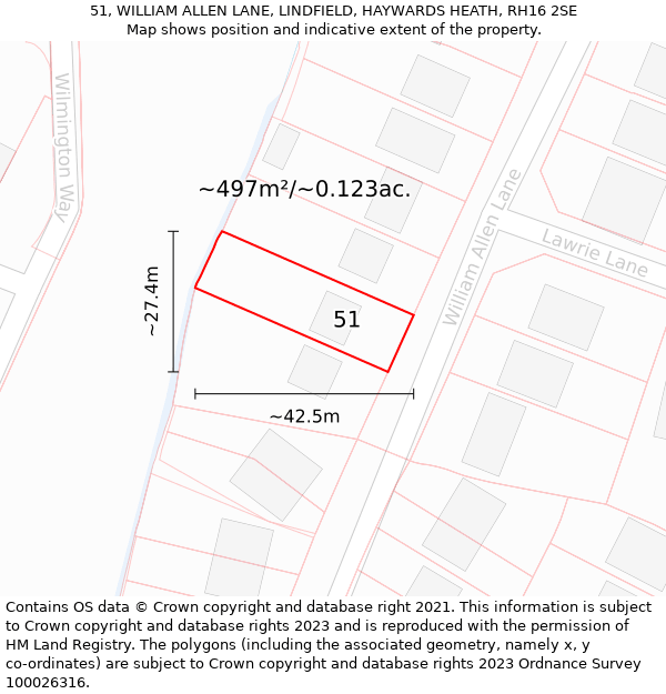 51, WILLIAM ALLEN LANE, LINDFIELD, HAYWARDS HEATH, RH16 2SE: Plot and title map