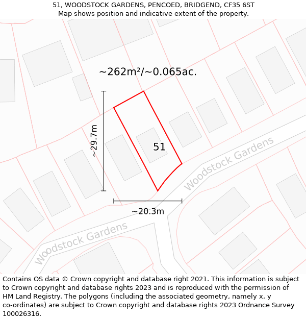 51, WOODSTOCK GARDENS, PENCOED, BRIDGEND, CF35 6ST: Plot and title map