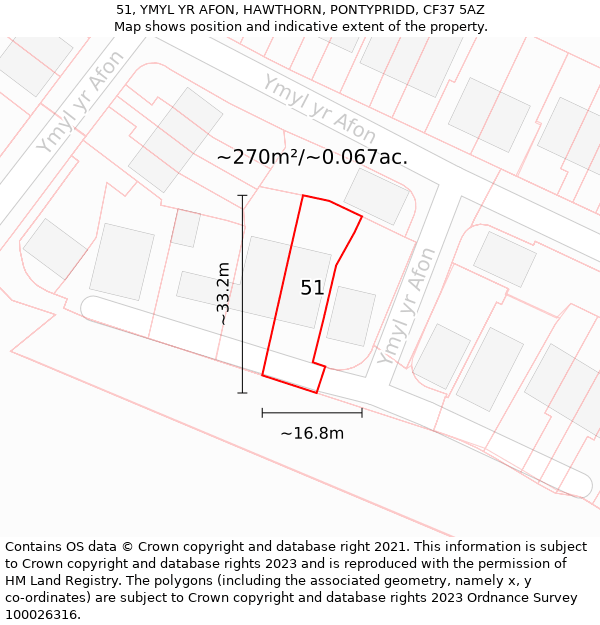 51, YMYL YR AFON, HAWTHORN, PONTYPRIDD, CF37 5AZ: Plot and title map