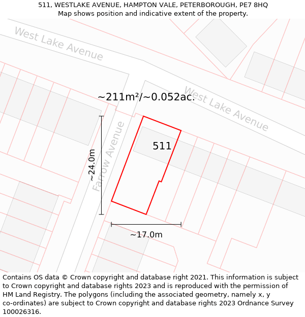 511, WESTLAKE AVENUE, HAMPTON VALE, PETERBOROUGH, PE7 8HQ: Plot and title map