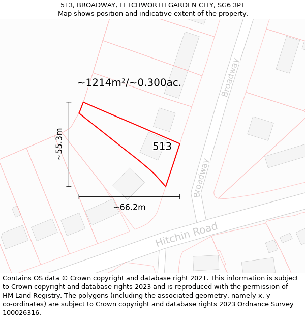 513, BROADWAY, LETCHWORTH GARDEN CITY, SG6 3PT: Plot and title map