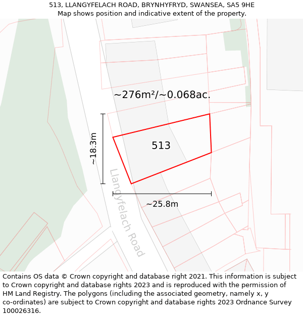 513, LLANGYFELACH ROAD, BRYNHYFRYD, SWANSEA, SA5 9HE: Plot and title map