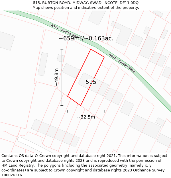 515, BURTON ROAD, MIDWAY, SWADLINCOTE, DE11 0DQ: Plot and title map