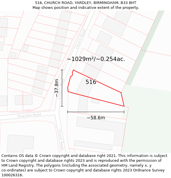 516, CHURCH ROAD, YARDLEY, BIRMINGHAM, B33 8HT: Plot and title map