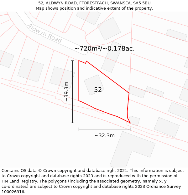 52, ALDWYN ROAD, FFORESTFACH, SWANSEA, SA5 5BU: Plot and title map