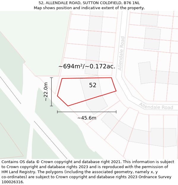 52, ALLENDALE ROAD, SUTTON COLDFIELD, B76 1NL: Plot and title map