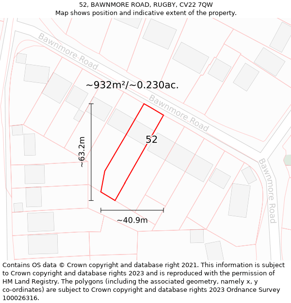 52, BAWNMORE ROAD, RUGBY, CV22 7QW: Plot and title map