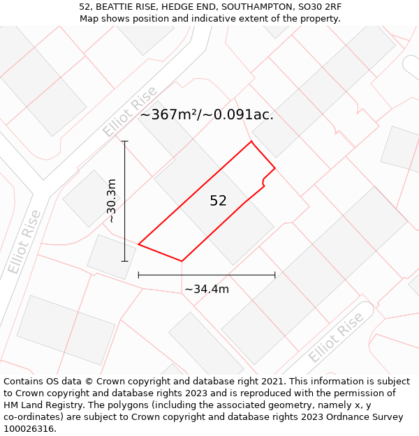 52, BEATTIE RISE, HEDGE END, SOUTHAMPTON, SO30 2RF: Plot and title map