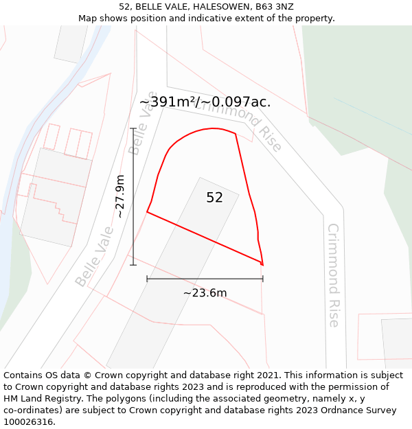 52, BELLE VALE, HALESOWEN, B63 3NZ: Plot and title map