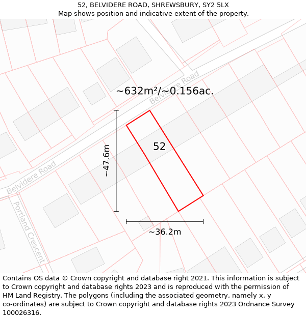 52, BELVIDERE ROAD, SHREWSBURY, SY2 5LX: Plot and title map