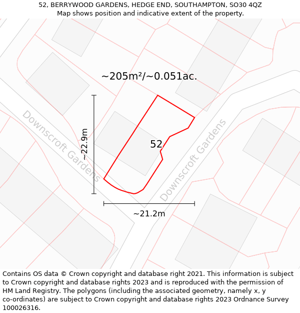 52, BERRYWOOD GARDENS, HEDGE END, SOUTHAMPTON, SO30 4QZ: Plot and title map