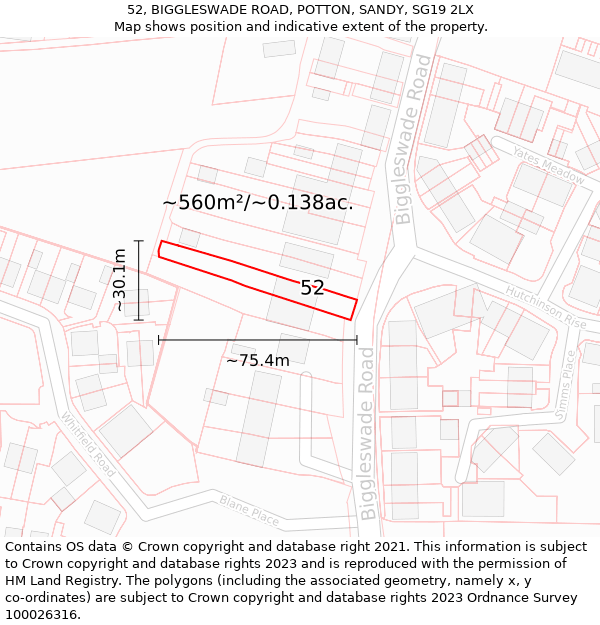 52, BIGGLESWADE ROAD, POTTON, SANDY, SG19 2LX: Plot and title map