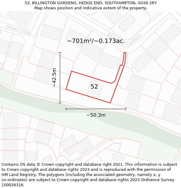 52, BILLINGTON GARDENS, HEDGE END, SOUTHAMPTON, SO30 2RY: Plot and title map