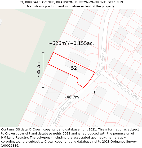 52, BIRKDALE AVENUE, BRANSTON, BURTON-ON-TRENT, DE14 3HN: Plot and title map