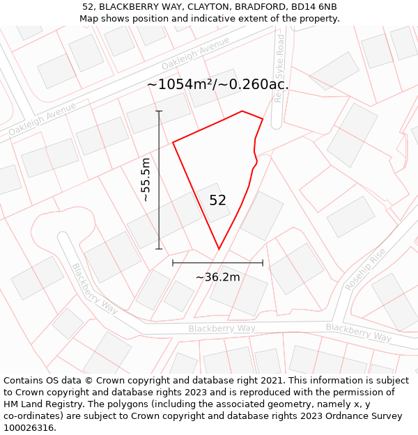 52, BLACKBERRY WAY, CLAYTON, BRADFORD, BD14 6NB: Plot and title map