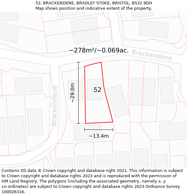 52, BRACKENDENE, BRADLEY STOKE, BRISTOL, BS32 9DH: Plot and title map