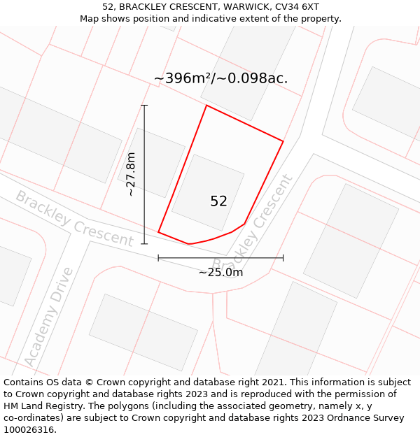 52, BRACKLEY CRESCENT, WARWICK, CV34 6XT: Plot and title map