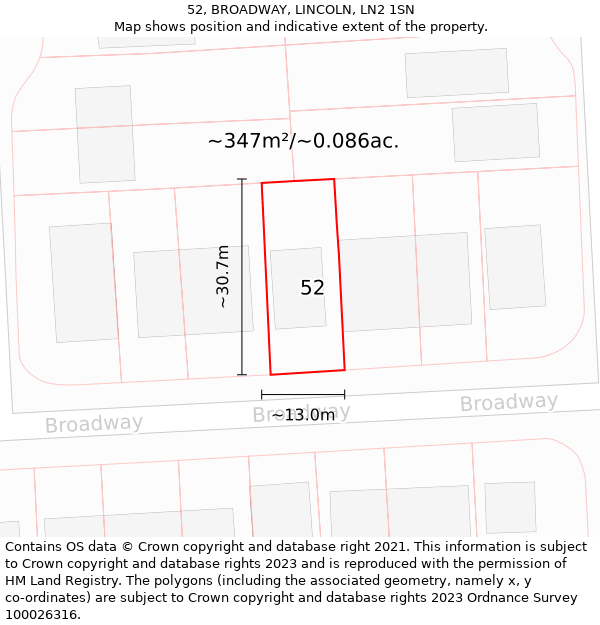 52, BROADWAY, LINCOLN, LN2 1SN: Plot and title map