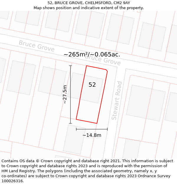 52, BRUCE GROVE, CHELMSFORD, CM2 9AY: Plot and title map