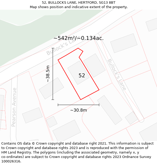 52, BULLOCKS LANE, HERTFORD, SG13 8BT: Plot and title map