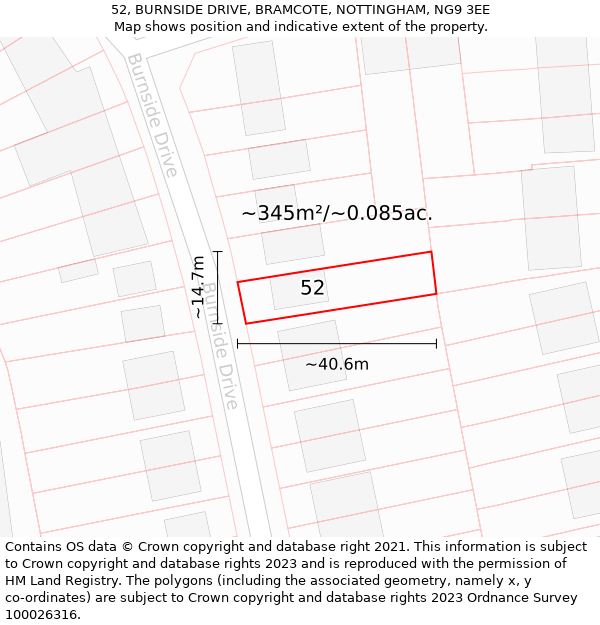 52, BURNSIDE DRIVE, BRAMCOTE, NOTTINGHAM, NG9 3EE: Plot and title map