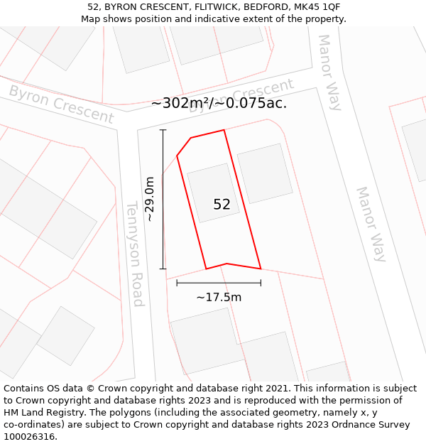 52, BYRON CRESCENT, FLITWICK, BEDFORD, MK45 1QF: Plot and title map