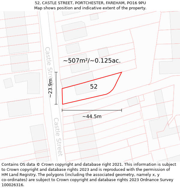 52, CASTLE STREET, PORTCHESTER, FAREHAM, PO16 9PU: Plot and title map