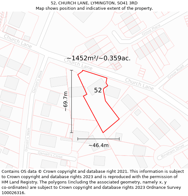 52, CHURCH LANE, LYMINGTON, SO41 3RD: Plot and title map