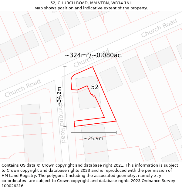 52, CHURCH ROAD, MALVERN, WR14 1NH: Plot and title map