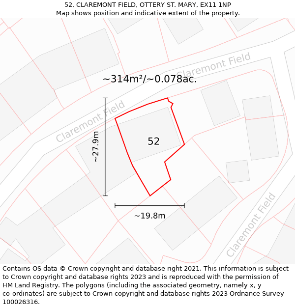 52, CLAREMONT FIELD, OTTERY ST. MARY, EX11 1NP: Plot and title map