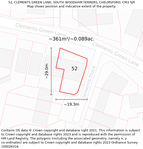 52, CLEMENTS GREEN LANE, SOUTH WOODHAM FERRERS, CHELMSFORD, CM3 5JR: Plot and title map